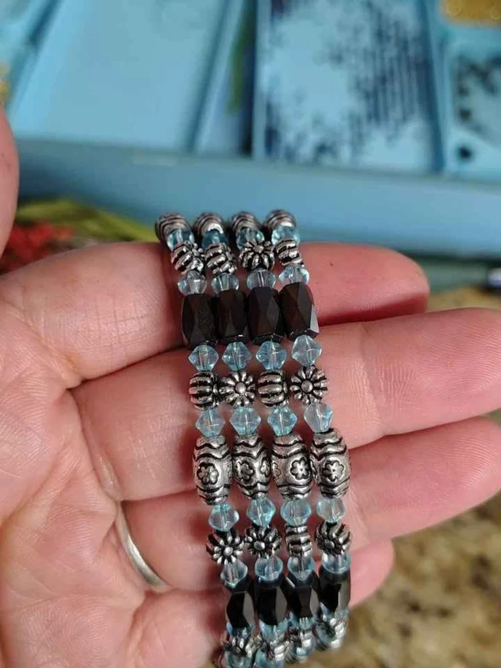 Multi-Strand Blue and Silver Beaded Stretch Bracelet